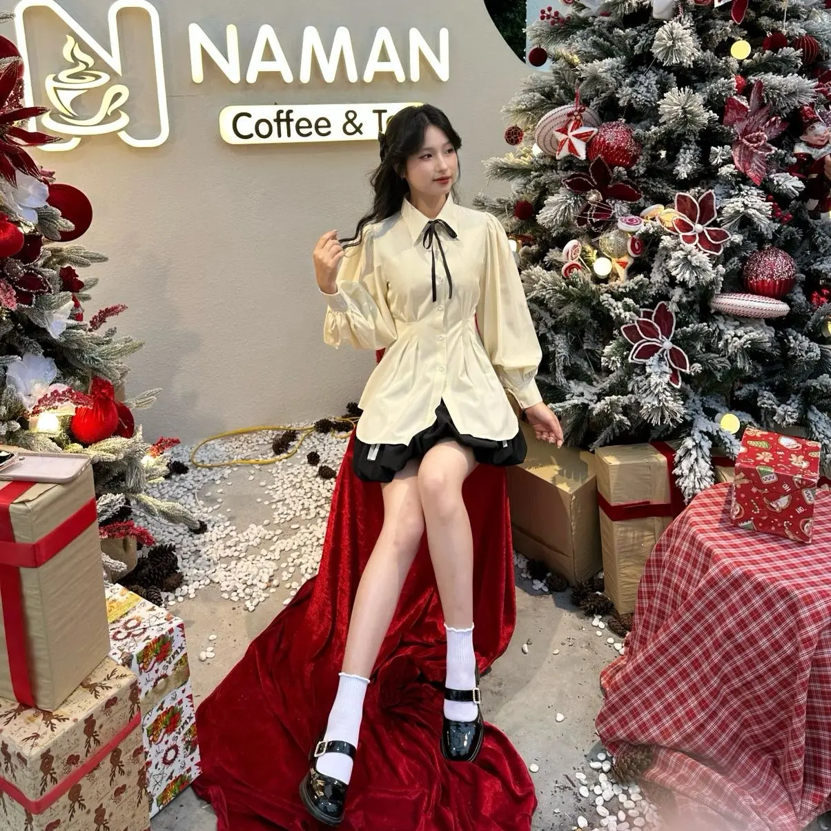 Áo Sơ Mi Thô Lụa Nữ Kiểu cách, Sơ Mi Tay Bồng Cổ Đức, Thiết kế Chiết Ly Eo xoè chân Áo( SƠ MI DÀI TAY)