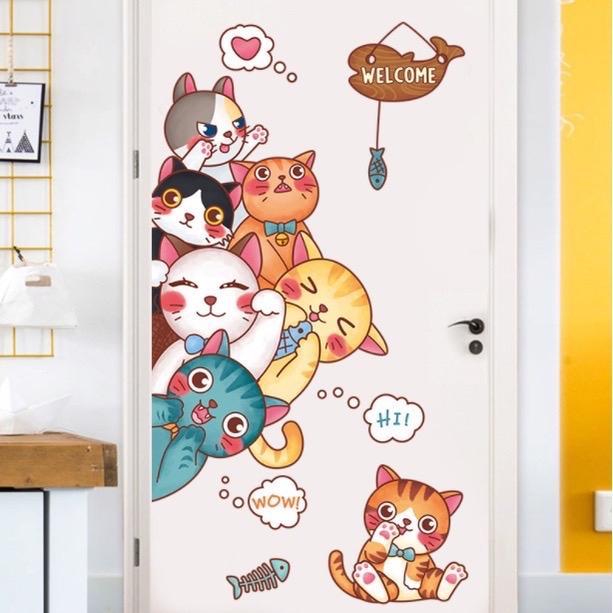 Decal dán tường mèo ăn cá dễ thương dán cửa, dán phòng cho bé