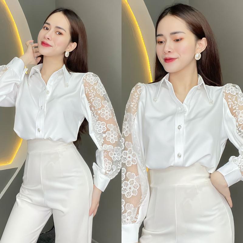 Áo Sơ Mi Nữ Thiết Kế EMME A288 Tay Dài Phối Lưới  ( Kèm 2 Tag Nơ ) new - Thanh Tự