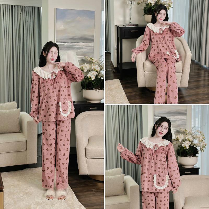 Bộ đồ bầu và Sau sinh Thu Đông Chất nhung tăm hàn cổ bèo họa tiết trái tim Mềm mịn Freesize dưới 72kg dành cho mẹ bầu