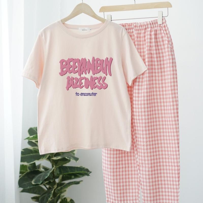 Đồ Bộ Mặc Nhà Quần Dài Đũi mùa hè mát mẻ NEONVN - Set đồ mặc nhà áo tay ngắn quần dài áo in chữ chất cotton quần đũi Thun Nữ Quần Ngủ