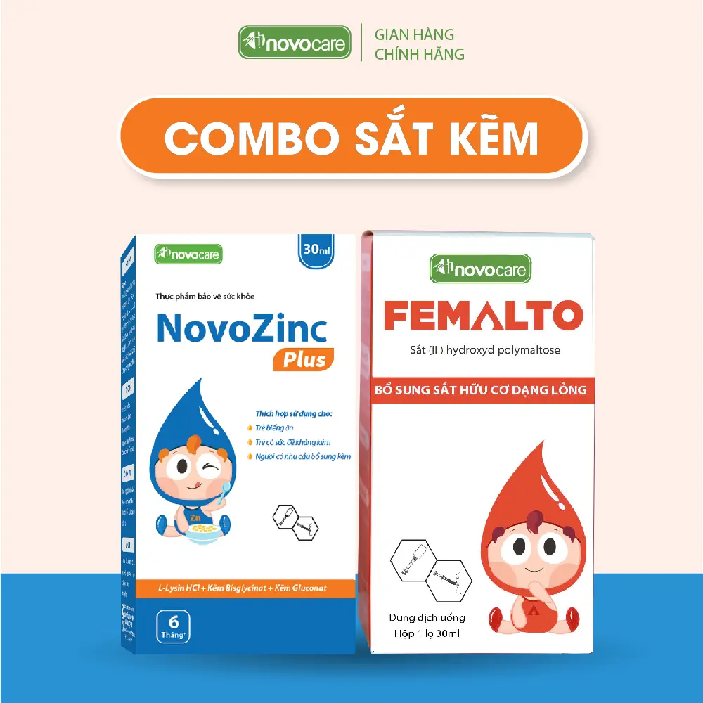 Combo sắt kẽm Novocare hữu cơ cho bé - Sắt hữu cơ Femalto và Kẽm hữu cơ NovoZinc Plus dạng nhỏ giọt