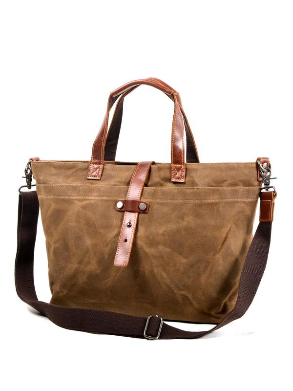 Men's Casual Plain Zipper Tote Bag, Fashionable Vintage Canvas Shoulder Bag for Daily Used, Casual Trendy Versatile High-quality Daily Commuting Bag 2