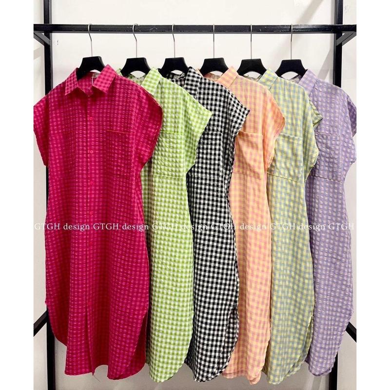 Đầm Sơ Mi Nữ Cổ Cao Họa Tiết Caro Túi Eo Chất Voan Lụa Mềm Mịn Đuôi Tôm Dress Women