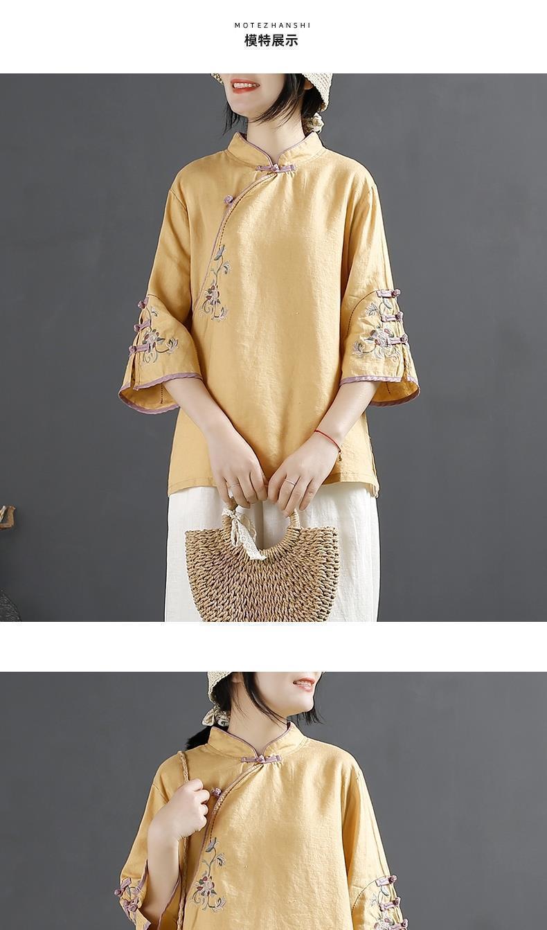 Product Introduction of Oemg2024 Summer New Chinese Style Retro Cotton and Linen Shirt Women's Chinese Style Stand-up Collar Frog Button Top Embroidered Cotton Tea Clothes 6