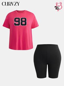 CURVZY Plus Size Figure Print Drop Shoulder Tee & Elastic Waist Shorts Two-piece Set, Casual Tummy Control Fashion Cozy Round Neck T-shirt & High Waist Skinny Shorts for Daily Outdoor Wear, Women Plus Clothing for Summer
