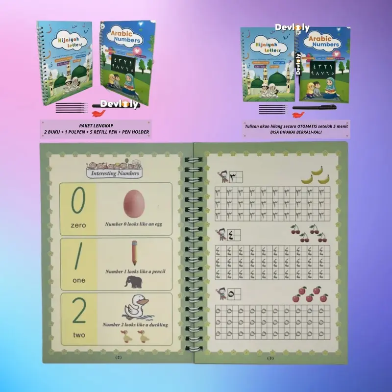 COD / 1 Set 2 Buku Magic Pratice Book Hijaiyah & Arabic Numbers Buku Belajar Menulis Buku Magic 3D pena karton stationery 3