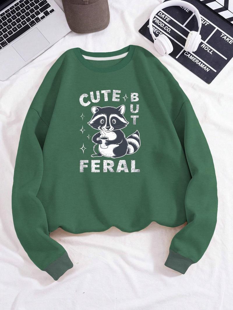 Product Introduction of Women's Coffee Cute But Feral Raccoon Graphic Print Crew Neck Sweatshirt, Casual Drop Shoulder Long Sleeve Pullover, Women's Fall & Winter Clothes 5