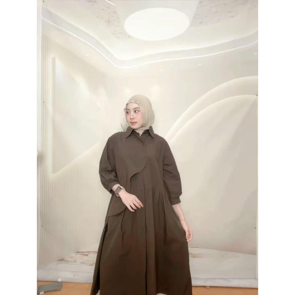 PO30 CHICMORE Gaun kemeja lengan tiga perempat dengan warna polos dan rok midi