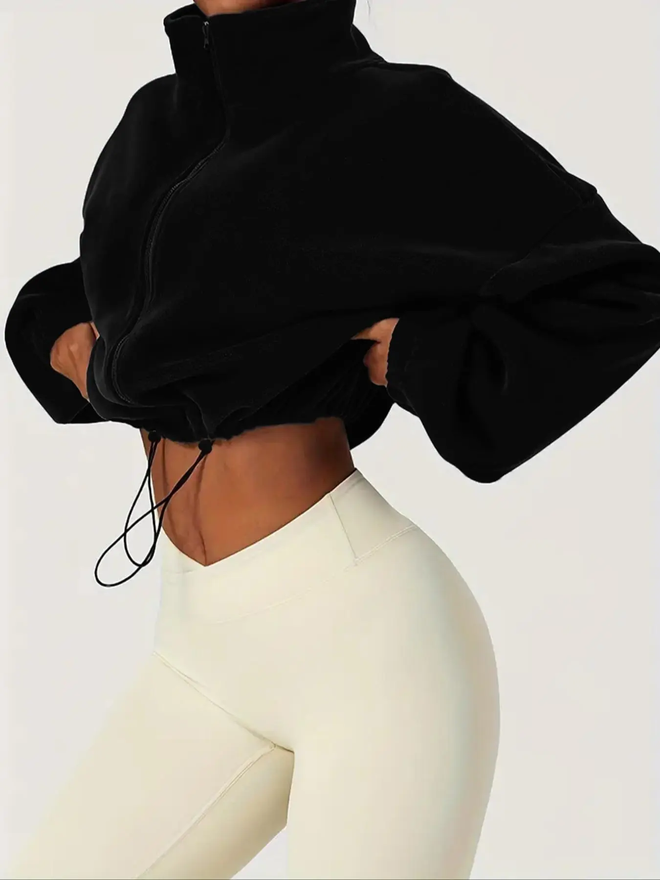 Women's Solid Drawstring Zip Up Crop Jacket, Casual Long Sleeve High Neck Outerwear for Fall & Winter, Ladies Clothes for Daily Wear