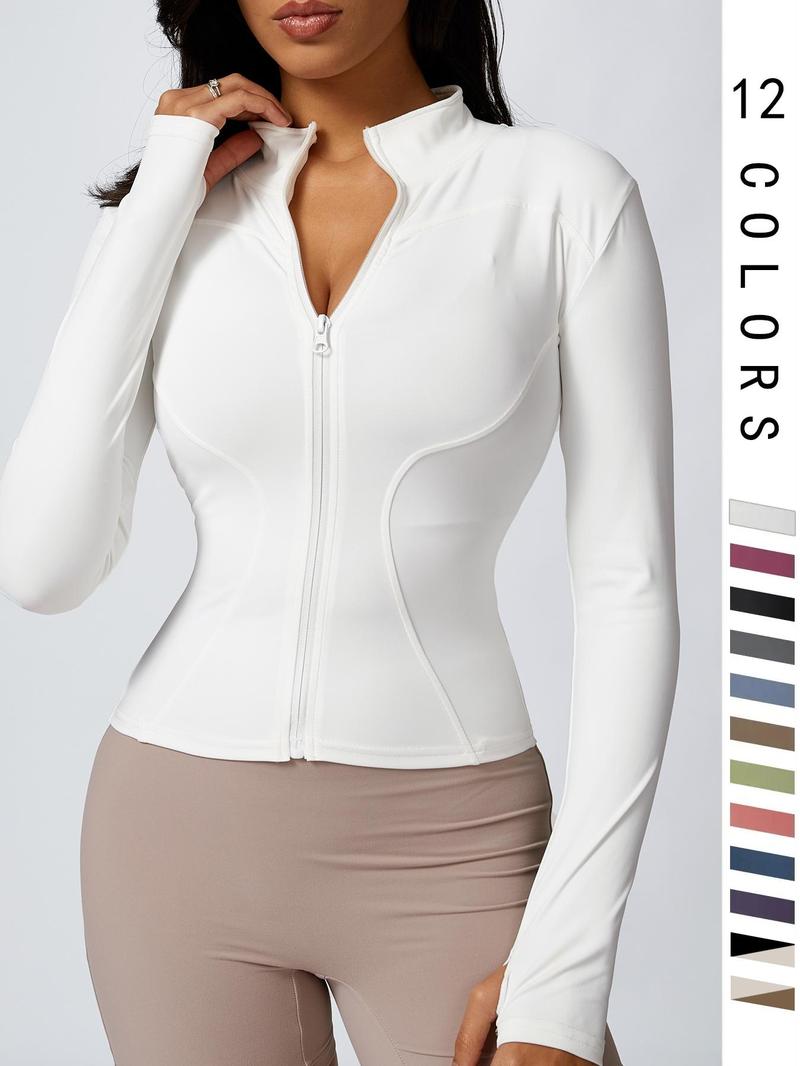 Product Introduction of Women's Thumb Holes Zip-up Long Sleeve Sports Jacket, Solid Color Stand Collar Sports Tops, Modest Fashion Slim Fit Yoga Outerwear Fits Tennis Pickleball, Workwear Gym Gear, Women's Sportswear Workout Autumn Winter Outfit, Back To School Fits 8