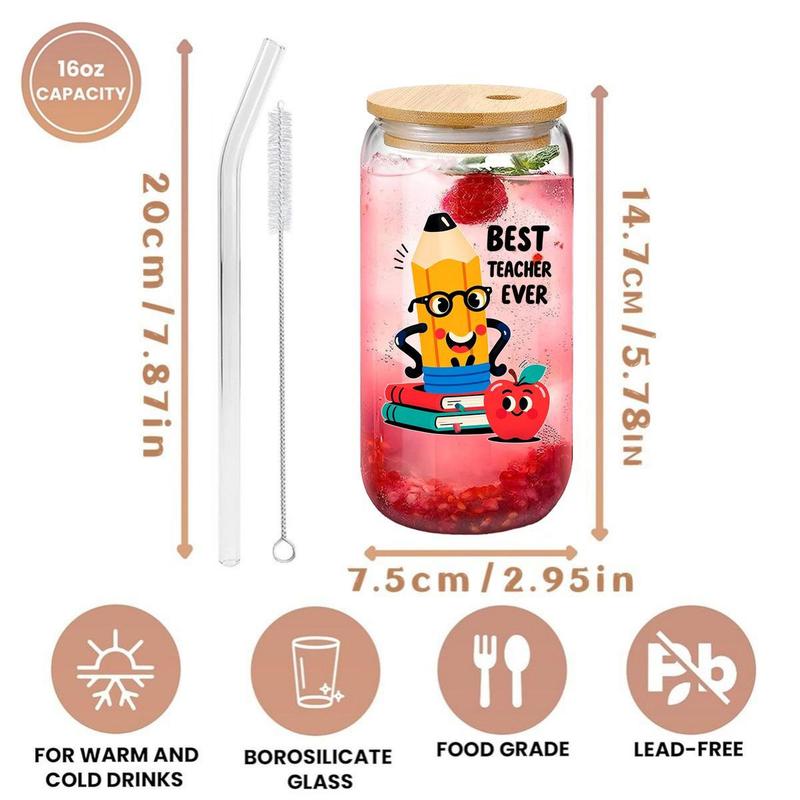 16oz Glass Cup with Straw & Brush, 1 Count Cute Cartoon Pattern Glass Cup, Drinking Cup for Home Office School, Gift for Teacher, Drinkware 1