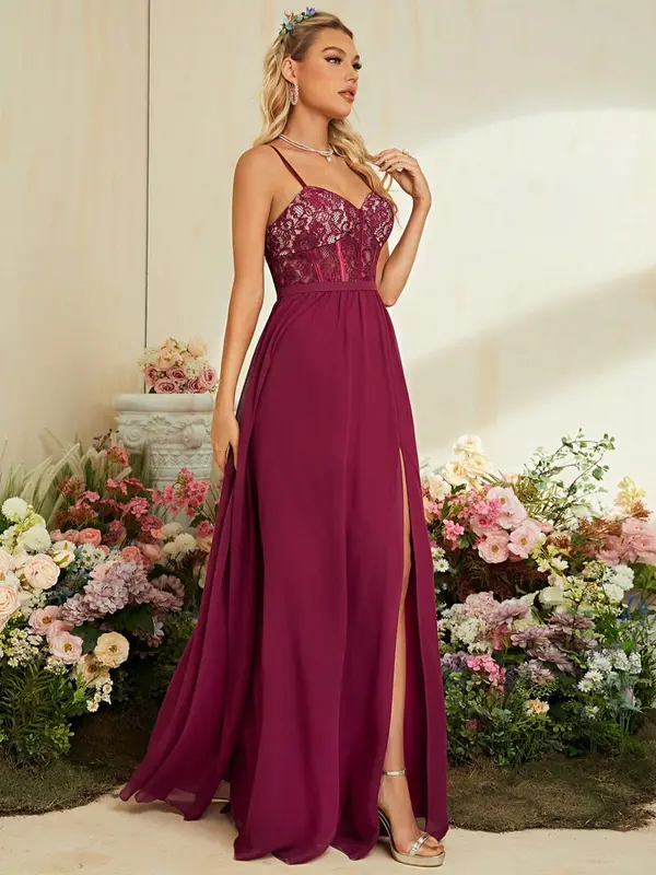 Women's Plain Backless Split Thigh Corset Evening Dress, Elegant Adjustable Strap Zipper Back Maxi Dress for Party & Banquet, Ladies' Clothes for All Seasons 5