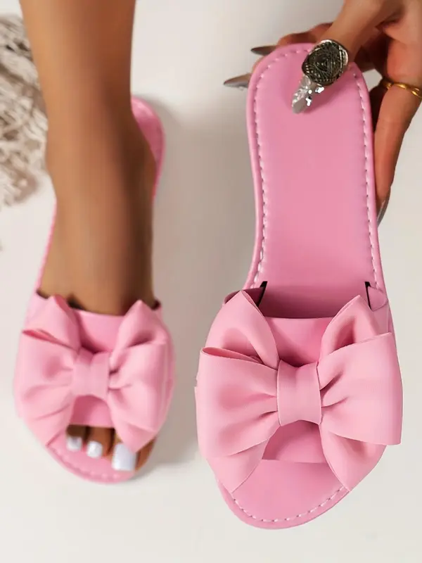 Women's Bow Decor Slip on Flat Sandals, Leather Sandals, Casual Outdoor Beach Sandals, Elegant Sandal, New Trendy Sandals for Summer, Gifts for Wife, Footwear, Sandals for Women 3
