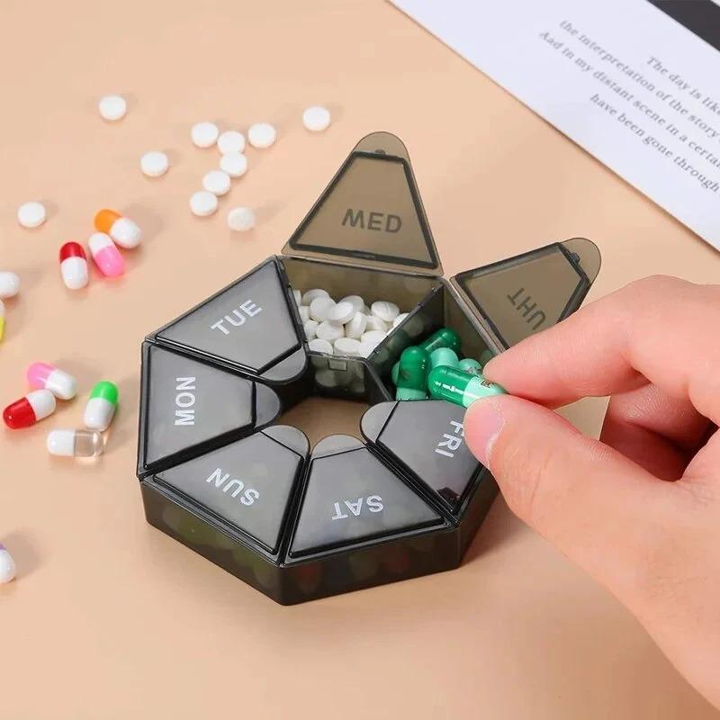 Product Introduction of 2Pcs 7 Days Pill Storage Box Mini Travel Portable Medicines Dispenser Box Multifunction Plastic Seven Compartment Sealer Box 8