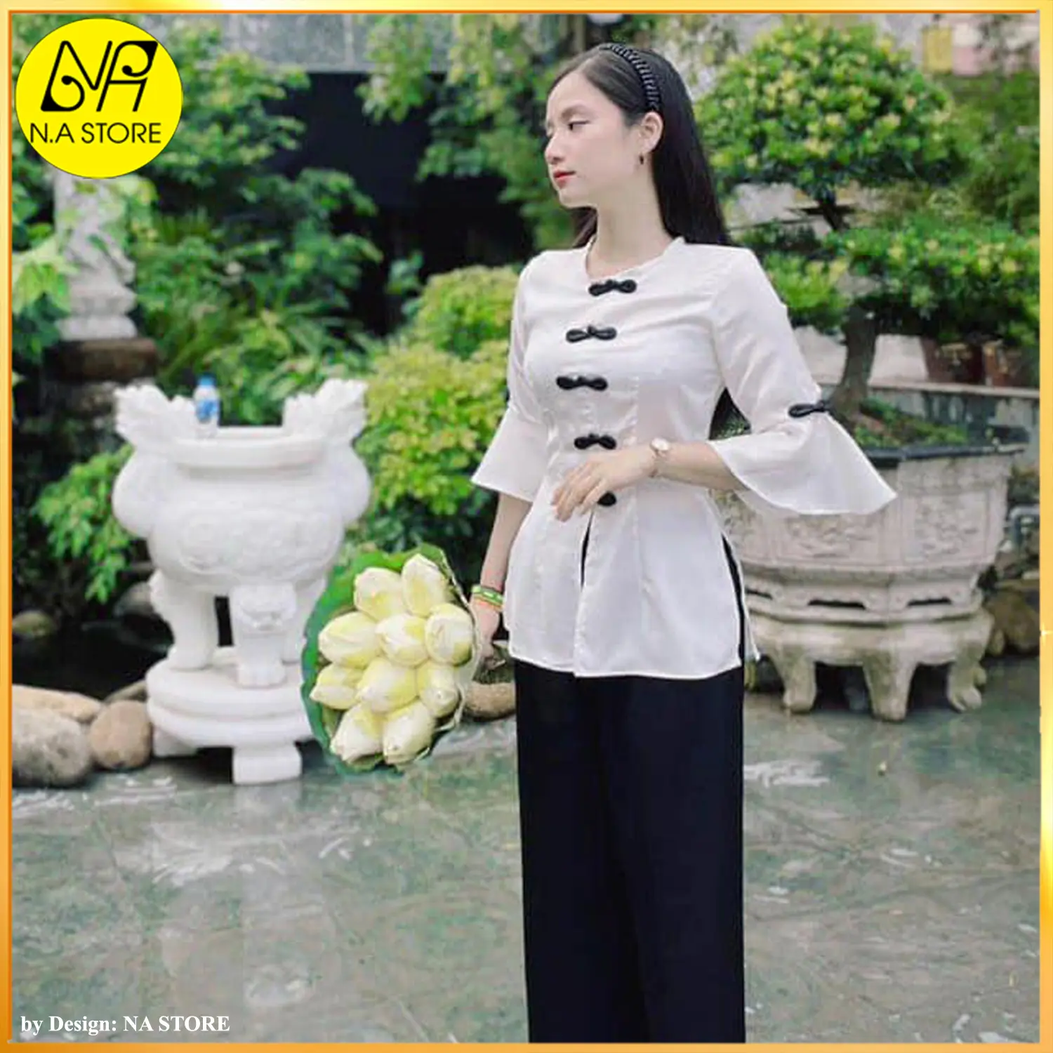 Đồ Lam Nữ Đi Chùa - Vải Lụa Ngọc Tay Xòe Trắng Quần Đen NA041
