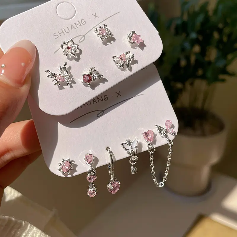 Bông Tai Đinh tán Hình Trái Tim, Bộ 6 Chiếc, Thời Trang, Dành Cho Phụ Nữ Và Trẻ Em Gái, Phong Cách Ngọt Ngào Thời Trang Cá Tính, Thanh Lịch, Phụ Kiện, Quà Tặng
