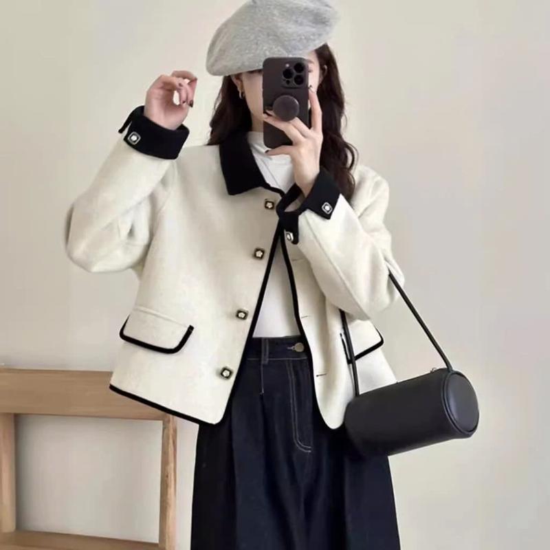  Áo Khoác Dạ QC Cổ Bẻ Cao Cấp Ép Lông Cừu Dáng Ngắn Phối Tay Nhung Basic Xinh Xắn Women - ChickyStore 