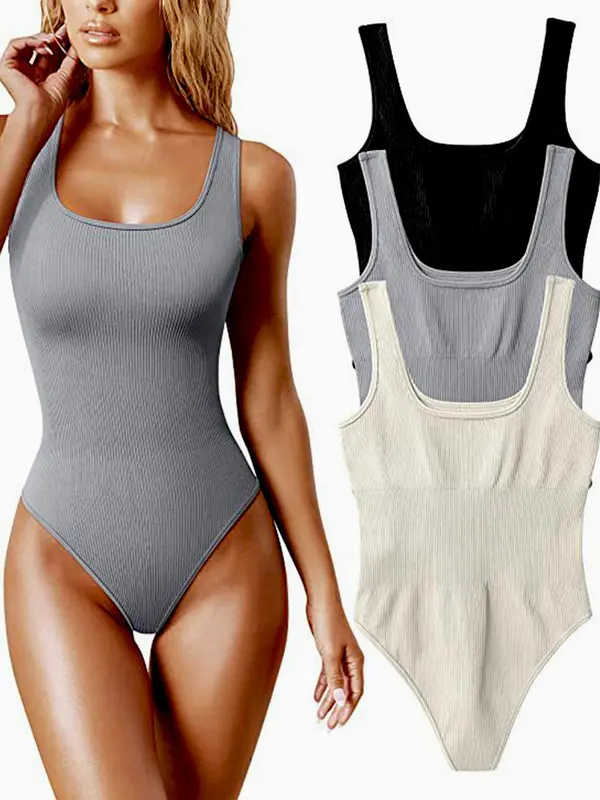 Women's Solid Ribbed Bodysuit, Summer Clothes for Women, Casual Sleeveless Bodysuit for Summer, Ladies Clothes for Daily Wear 4