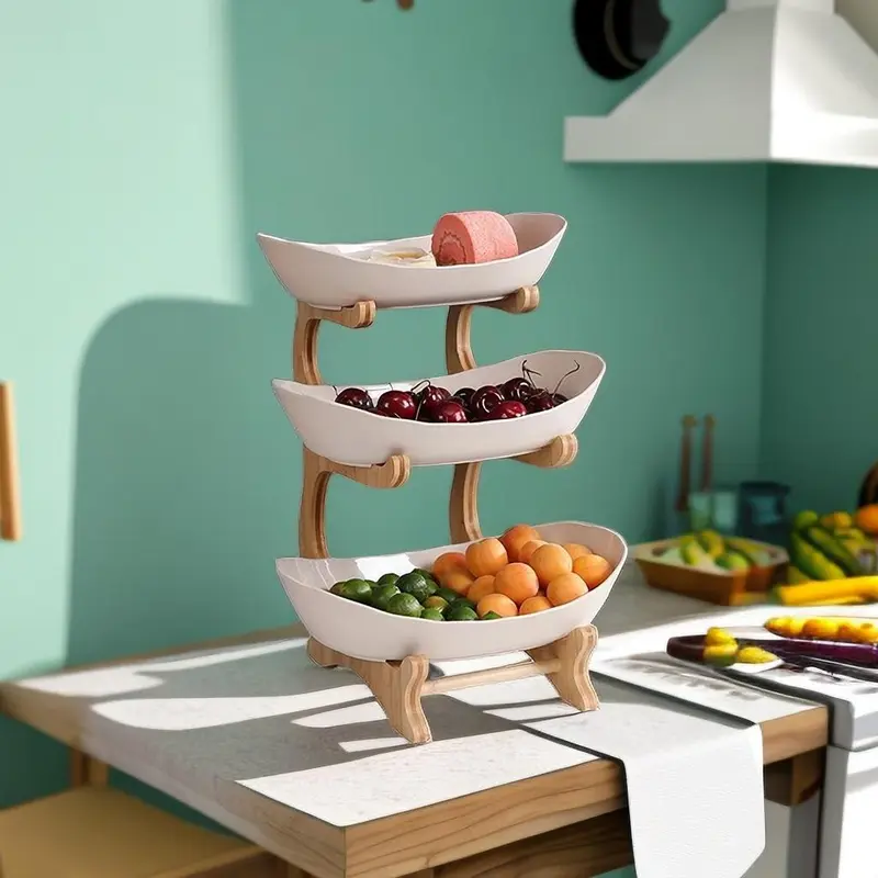 3 Tier Fruit Tray, 1 Count Dessert Plate with Bamboo Stand, Snack Serving Tray for Home Kitchen Party, Summer for Gift 2