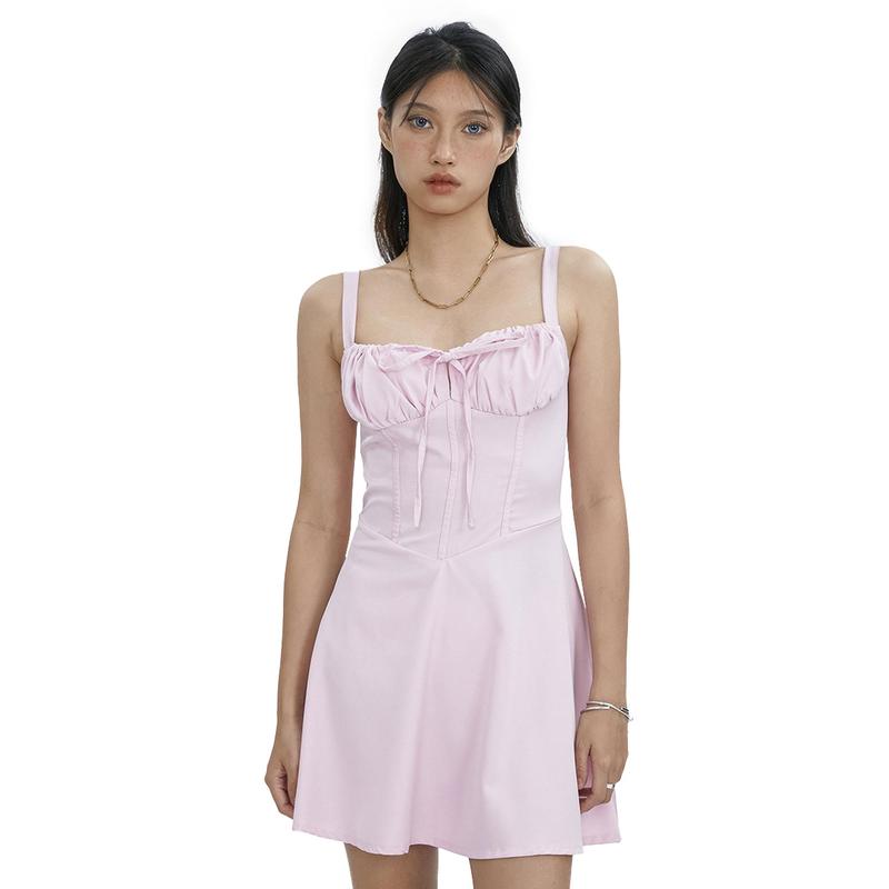 Product Introduction of SUPER-Women Summer Solid Color Tie-Up Fishbone Corset Waist Shaping Sleeveless Short Dress 34