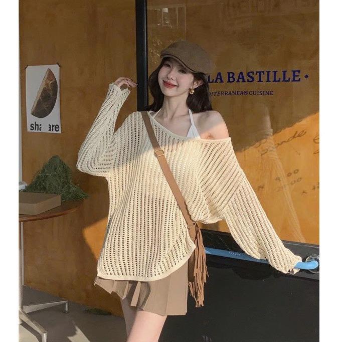 BIGSIZE HIẾU HIẾU (55-95KG) - Set bộ 3 món thời trang nữ Áo lưới tay dài + Áo trắng cổ yếm + Chân váy xếp li nâu