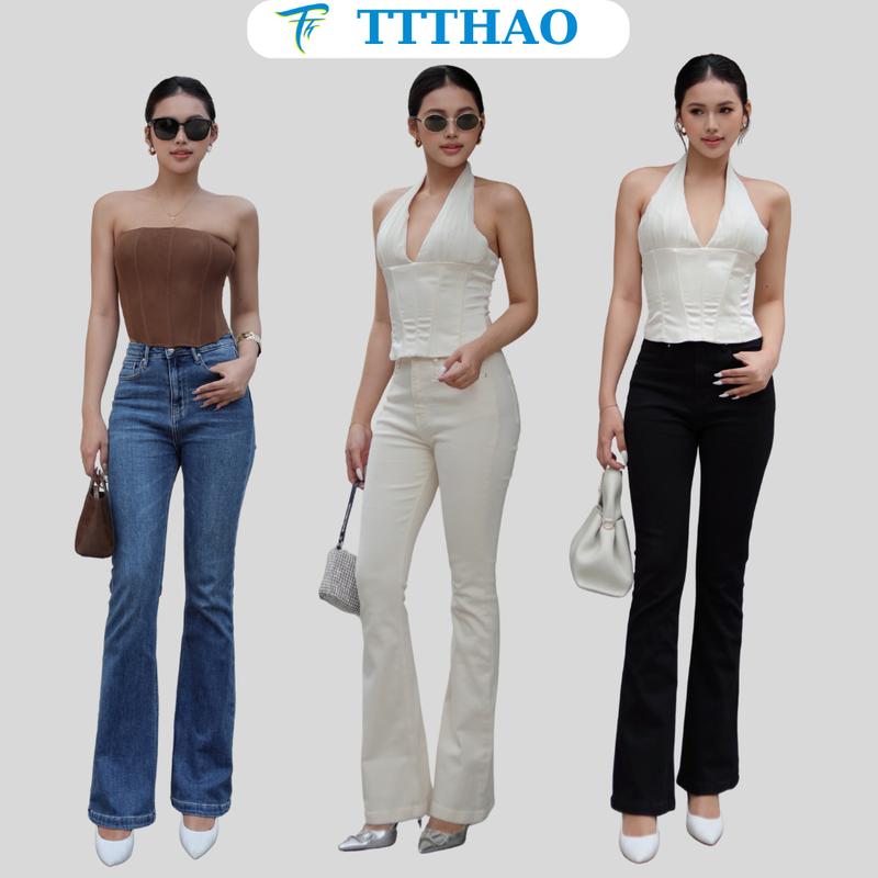  Quần jean nữ TTTHAO ống loe cao cấp dài 102cm kiểu dáng quần jeans ống bas VNXK phong cách quần jeans nữ basic J20 