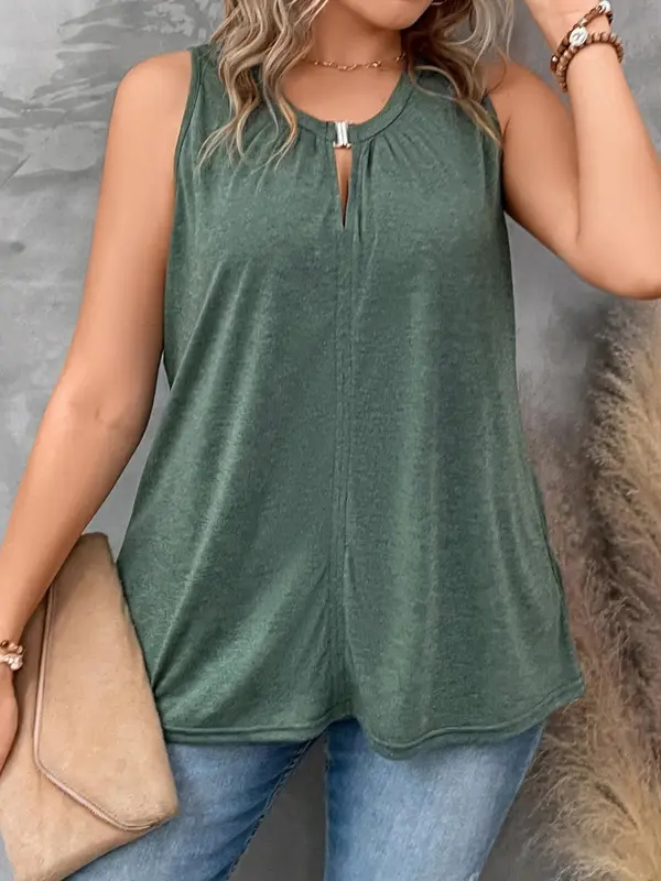 Summer Clothes Women Plus Plain Cut Out Round Neck Tank Top, Casual Solid Sleeveless Top for Summer, Women Plus Clothing for Daily Wear 0