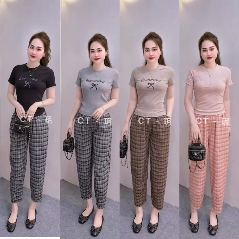 ￼Sét bộ áo thun tăm thêu nơ mix quần  kẻ hàn nhật cao cấp M120