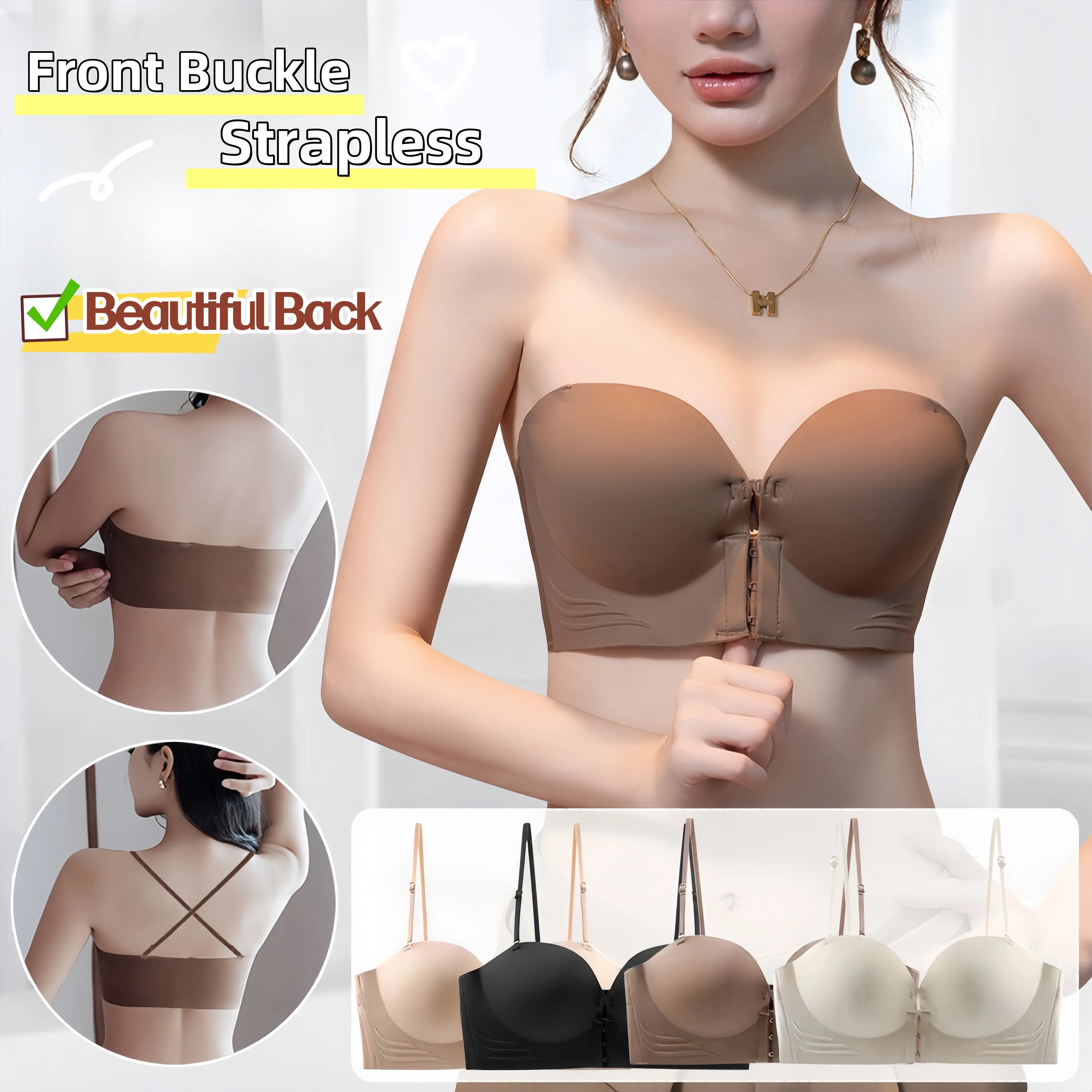 Áo Ngực Khóa Trước, Dành Cho Nữ, Không Dây, Liền Mạch, Đệm Nâng Ngực, Không Có Vòng Thép, Chống Trượt, Thích Hợp Cho Ngực Nhỏ, Áo Ngực Chun, Đồ Lót Nữ