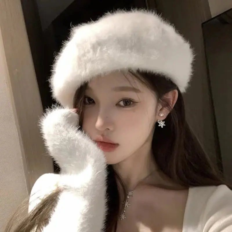 Mũ Nồi Trắng Lông Thỏ Nhồi Bông Phong Cách Mùa Đông Lãng Mạn, Dành Cho Nữ, Màu Vàng Kim, Thanh Lịch, Mũ Họa Sĩ Chu Vi Đầu Lớn Làm Cho Khuôn Mặt Trông Nhỏ Hơn