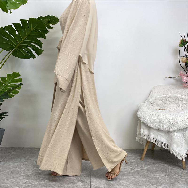Product Introduction of Robe Three-Piece Set Long Cardigan Sleeveless Top and Pants with Pockets Muslim Islamic Clothing 1958 6