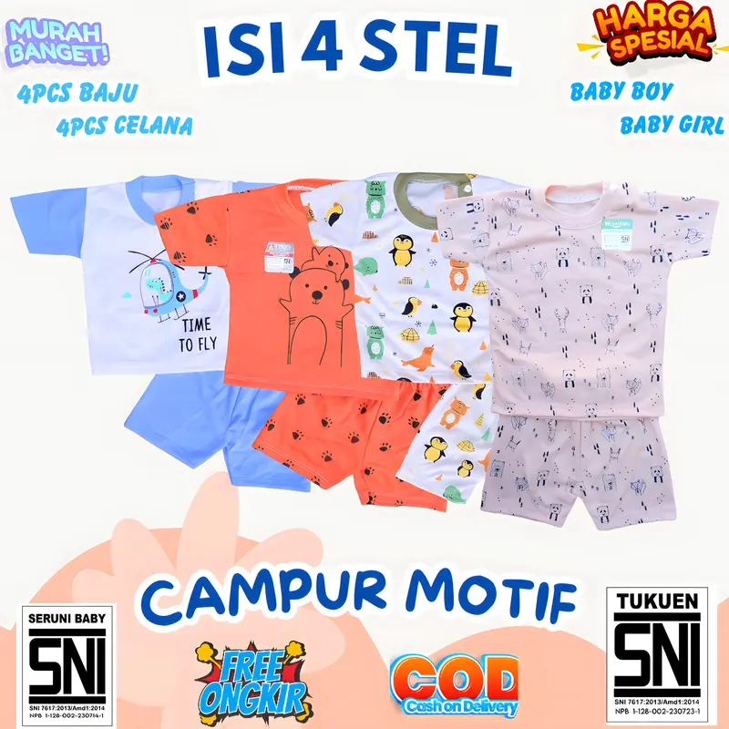 FREE KACAMATA PAKET HEMAT 60RB  DAPAT 4 STEL BAJU BAYI SNI 0-12 BULAN RANDOM MOTIF Bunda Parsel 5
