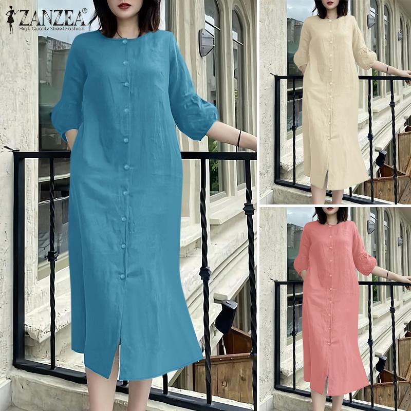 Váy Thường Ngày Cho Kỳ Nghỉ Của Phụ Nữ, ZANZEA, Tay Áo 3 / 4, Cổ Thuyền Chiều Dài Giữa Bắp Chân, Màu Trơn Váy Hàng Ngày 3