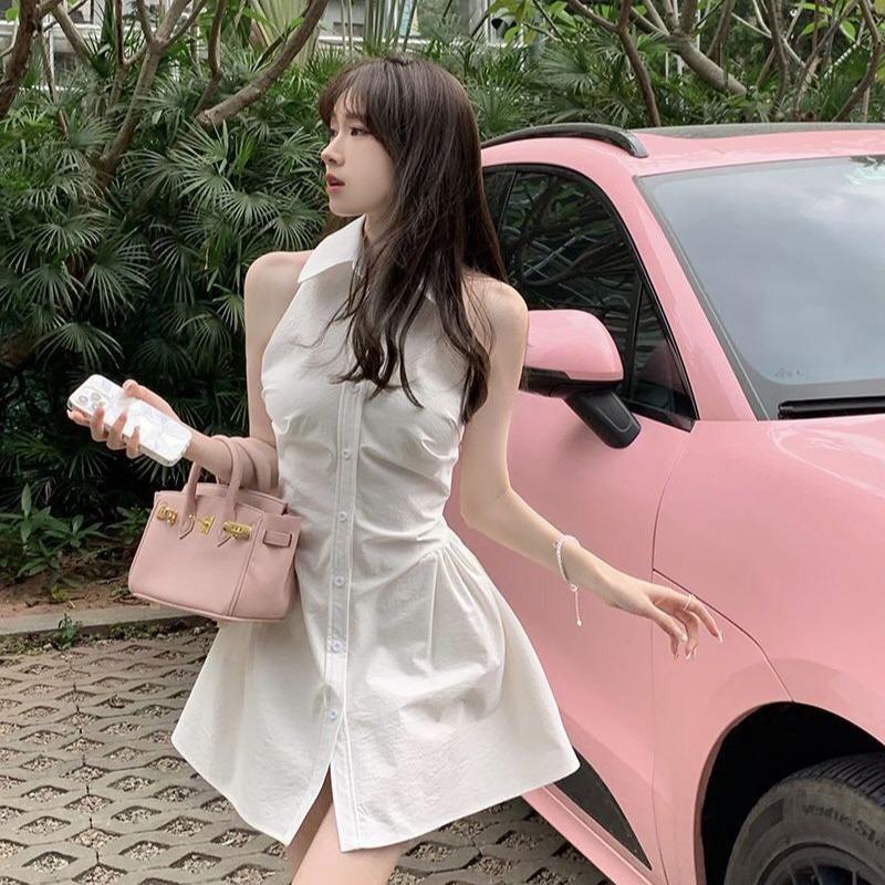 Váy đầm sơ mi nữ chiết eo ba lỗ dáng ngắn, đầm váy polo sát nách bồng xoè siêu xinh ulzzang phong cách Hàn Quốc SP126