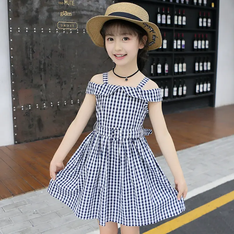 Trang Phục Mùa Hè Cho Bé Gái, Thời Trang, Phong Cách Hàn Quốc, Váy Trễ Vai Sang Trọng, Họa Tiết Kẻ Sọc Cổ Điển Thích Hợp Cho Bé Gái Và Trẻ Em Lớn, 2025 6