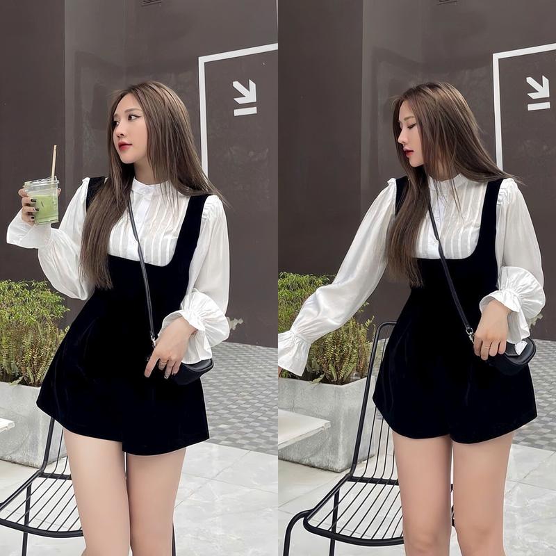  Sét yếm nữ thời trang mặc đi chơi áo sơmi lụa cổ trụ xếp ly tay dài tiểu thư mix yếm chất nhung cứng xinh xắn 