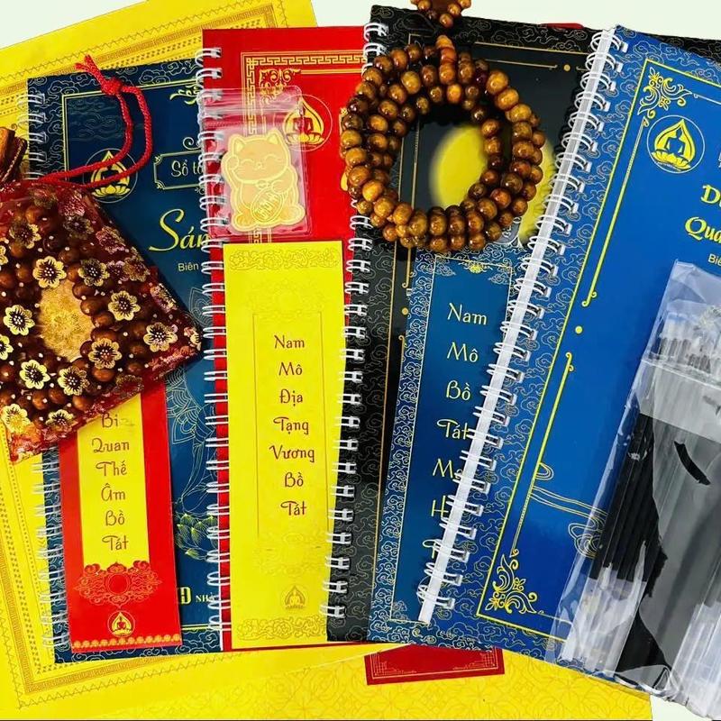 Combo 5 cuốn sổ tay chép kinh sách của NXB Địa Tạng- Sám Hối-Chú Đại Bi- Dược Sư-Vu Lan tặng 1 vòng 108 hạt+ 2 Bút+10 ngòi +2 ngòi nhũ vàng+1 mèo thần tài