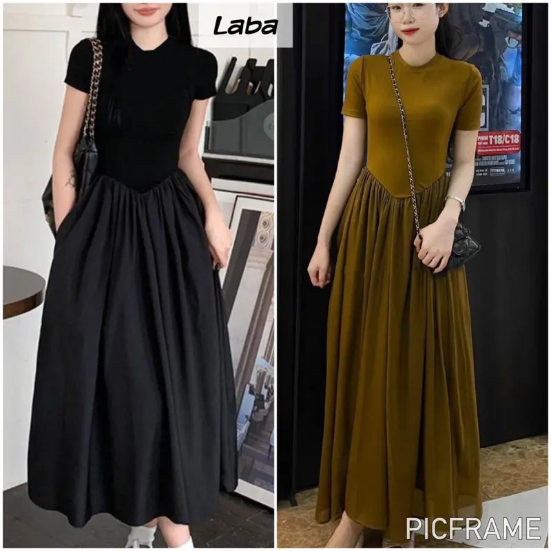 Váy xòe chất vải tơ mềm phối thun tăm lạnh co giãn cổ tròn tay ngắn dáng dài maxi vàng rêu độc đáo nhẹ nhàng
