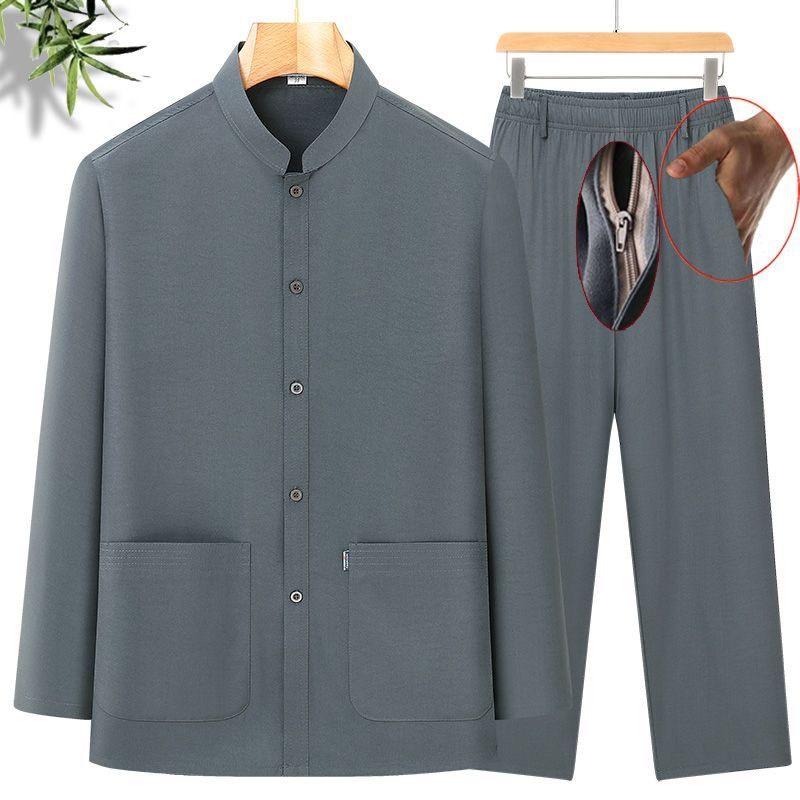 Đồ bộ nam trung niên dài tay hè thu cho bố, bộ quần áo cho bố, bộ mặc nhà nam trung niên cổ tàu cao cấp, quần áo cho người già Menswear Ghi set