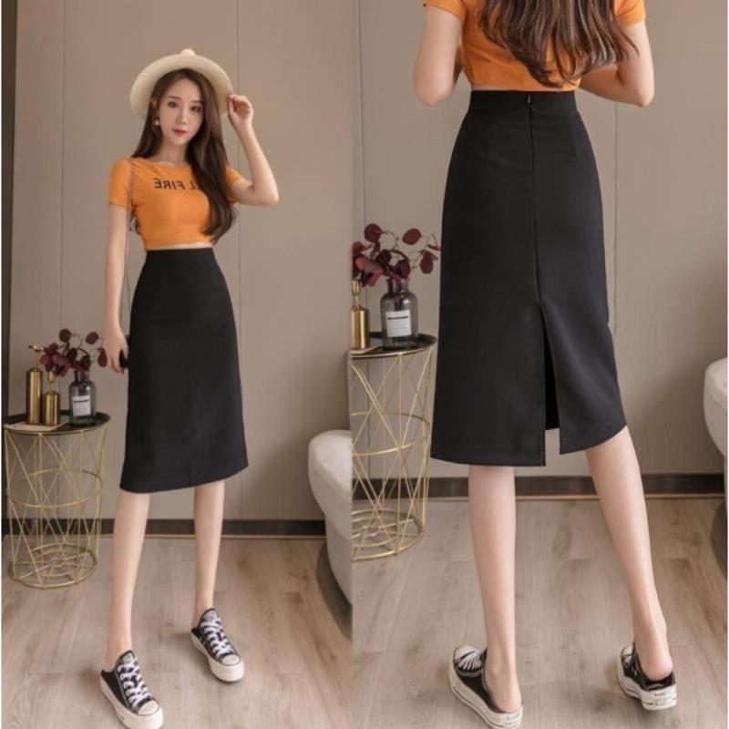  Chân váy chữ A xẻ tà dáng dài công sở khoá kéo sau chất vải tuyết mưa cao cấp  Women Kem Nhung 