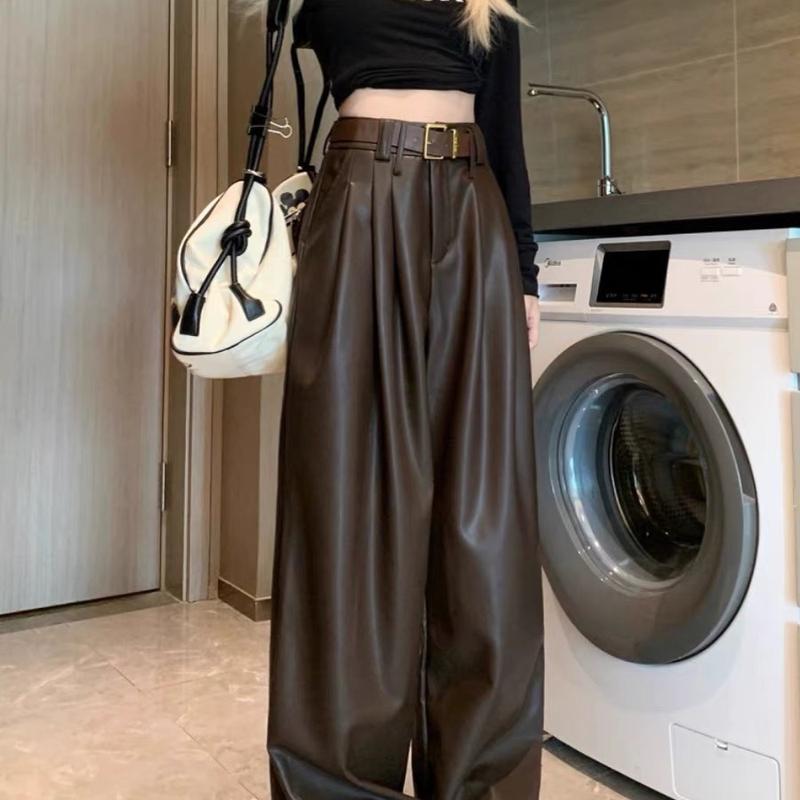 Quần Da Nữ Dáng Dài Xuông Rộng Kèm Đai Cao Cấp