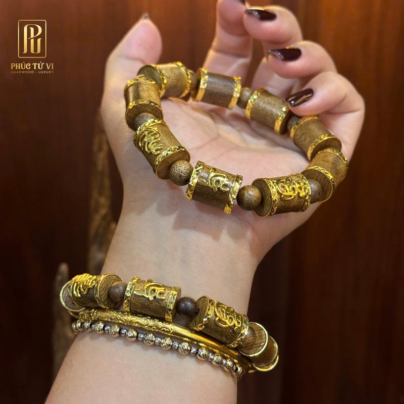 Vòng Trầm Hương Đốt Trúc Tốc Vườn Mạ Khoen, PHÚC - LỘC - THỌ | Trầm Hương Phúc Tử Vi