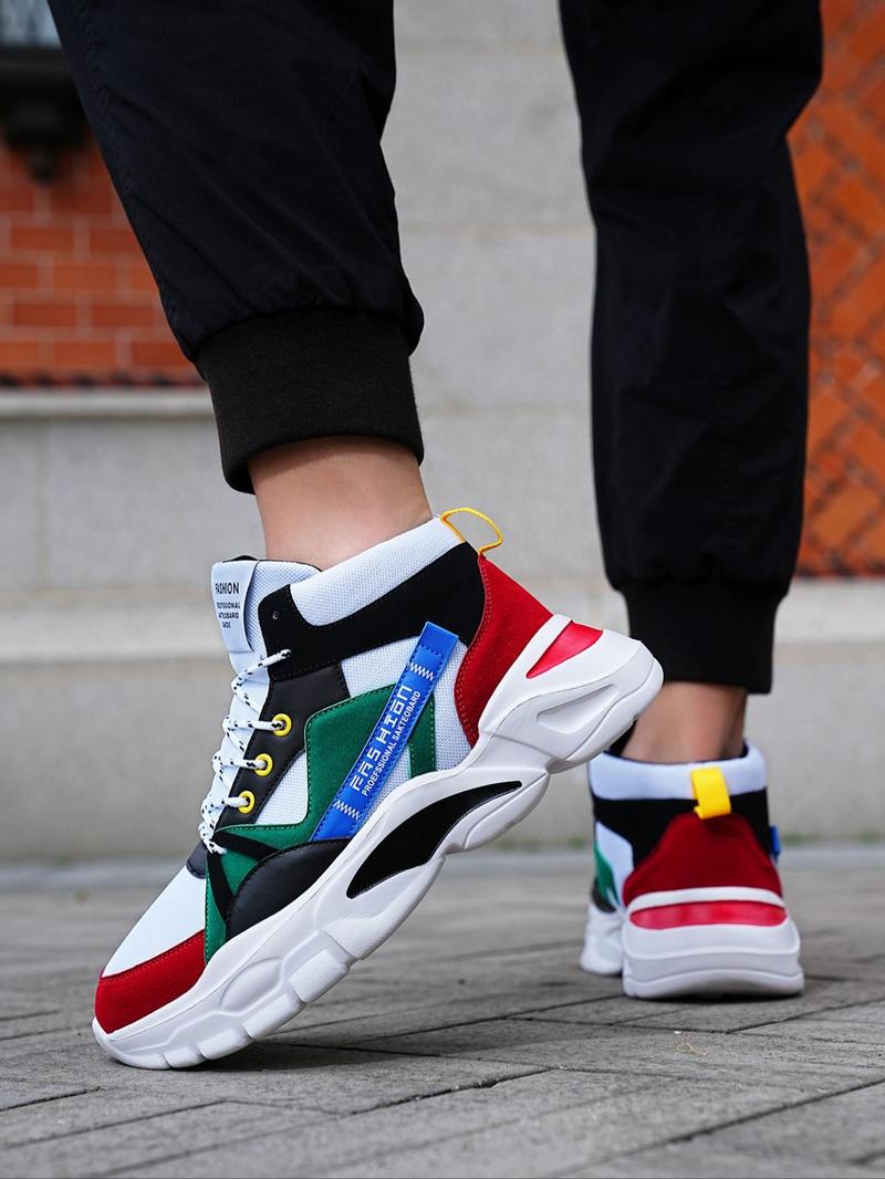 Product Introduction of Men's Trendy Colorblock Letter Patchwork Lace up High Top Sneakers, Casual Versatile Comfortable Chunky Shoes for Outdoor Sports 15