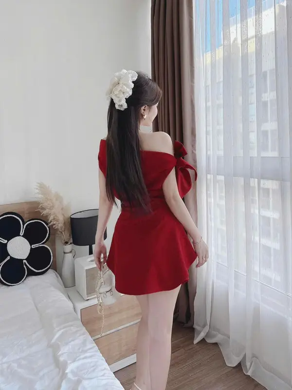 D673 ĐẦM THIẾT KẾ BIGSIZE LỆCH VAI CỘT NƠ DÁNG NGẮN (TÁO ĐỎ BIGSIZE 55-90KG) 6
