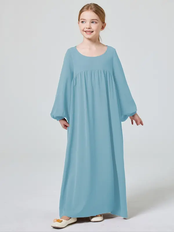 Muslim Girl's Solid Ruched Bishop Sleeve Smock Dress without Hijab, Modern Abaya Dress, Modest Outfits, Cute Clothes, Cute Casual Round Neck Long Sleeve Dress for Daily Wear, Kid's Summer Clothes 2