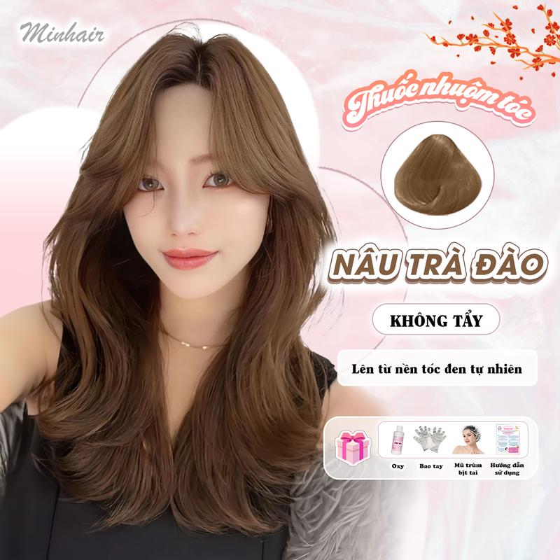  Thuốc nhuộm tóc Nâu Trà Đào không cần tẩy tặng kèm oxy trợ dưỡng và bao tay bịt tai trùm đầu Minhair  Nữ Đổi Màu Tóc Women 