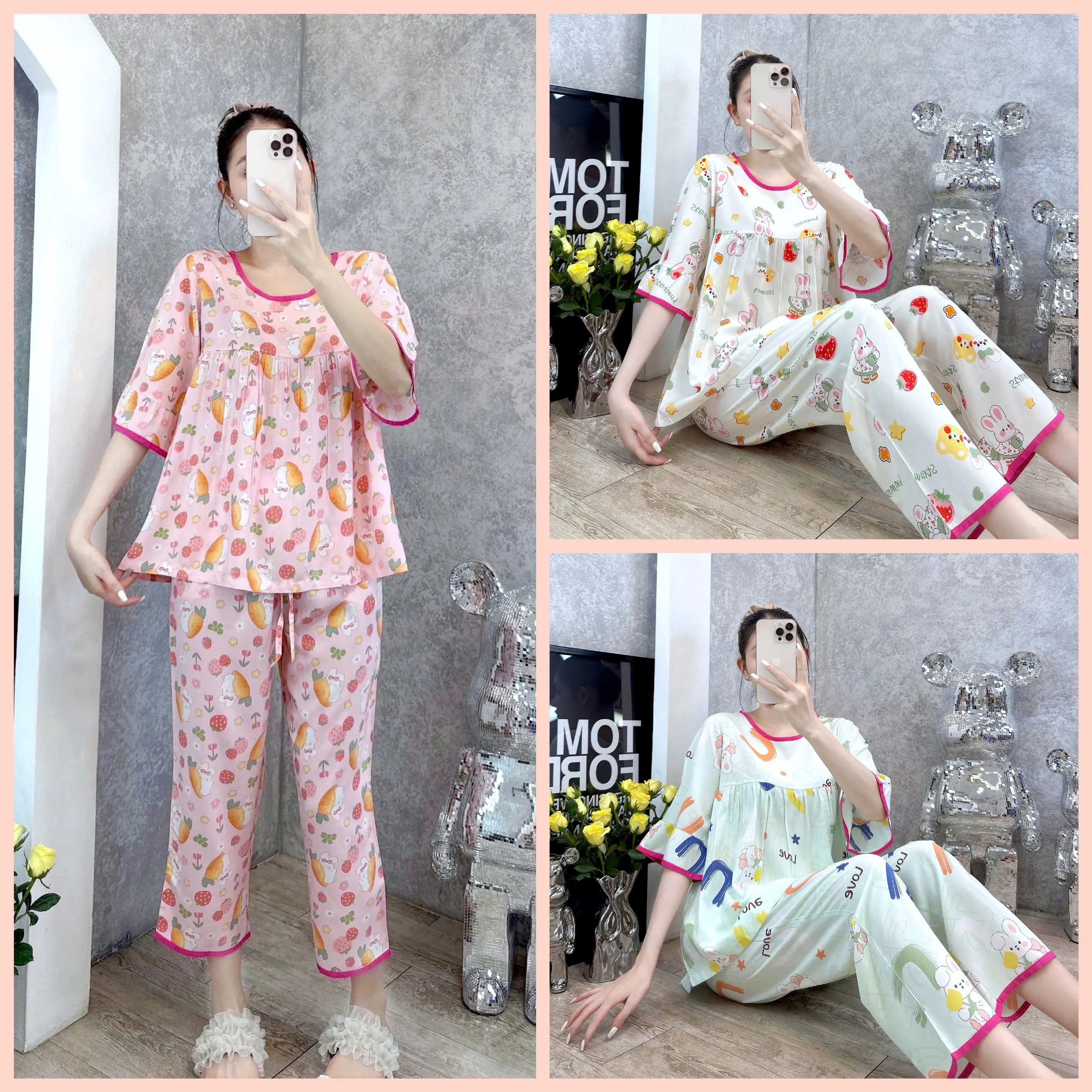 Đồ bộ tole lanh nữ mặc nhà quần 8 tấc, áo tay lỡ viền màu F21 VNXK SHOP5SAO (43-75kg) Women Đồ mặc nhà