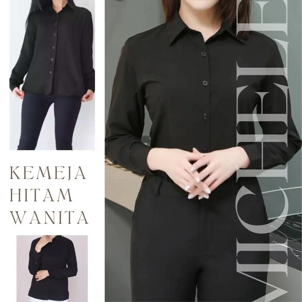 PROMO Kemaja Hitam Polos Wanita Atasan Blouse Hitam Pekat Kerja Casual Wanita Bahan Katun Premium Termurah Terlaris  Tidak Nerawang Baju Basic Tangan Panjang Seragam Formal Kancing