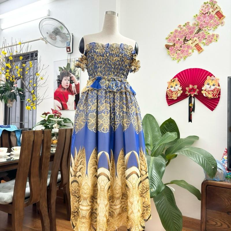 Váy maxi dáng dài, maxi trễ vai tơ xốp bèo bụng 2 lớp chân váy dài 90 cm. Maxi đi biển đẹp. 8